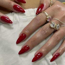 KQueenest 48 Pcs Almendra Presione En Uñas de Longitud Media, Presione En Uñas Rojo Cereza, Uñas Falsas Medianas de Color Sólido Acrílico, Clavos de E