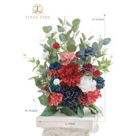 TINGE TIME Free-Standing Artificial Flower, Set of 2, Table Centerpiece with Rubber Pad, Silk Fake Flower for Wedding Centerpiece Archway Aisle Welcome Entrance (Red&NavyBlue)
