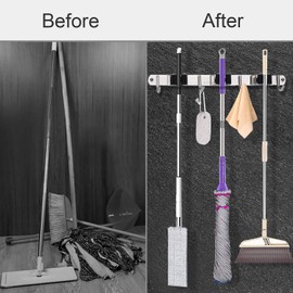 MaoXinTek Mop Holder Stainless Steel Wall Mount Broom Tool Holder with 4 Hooks and 3 Quick Release for Home Kitchen Bathroom Garage Garden