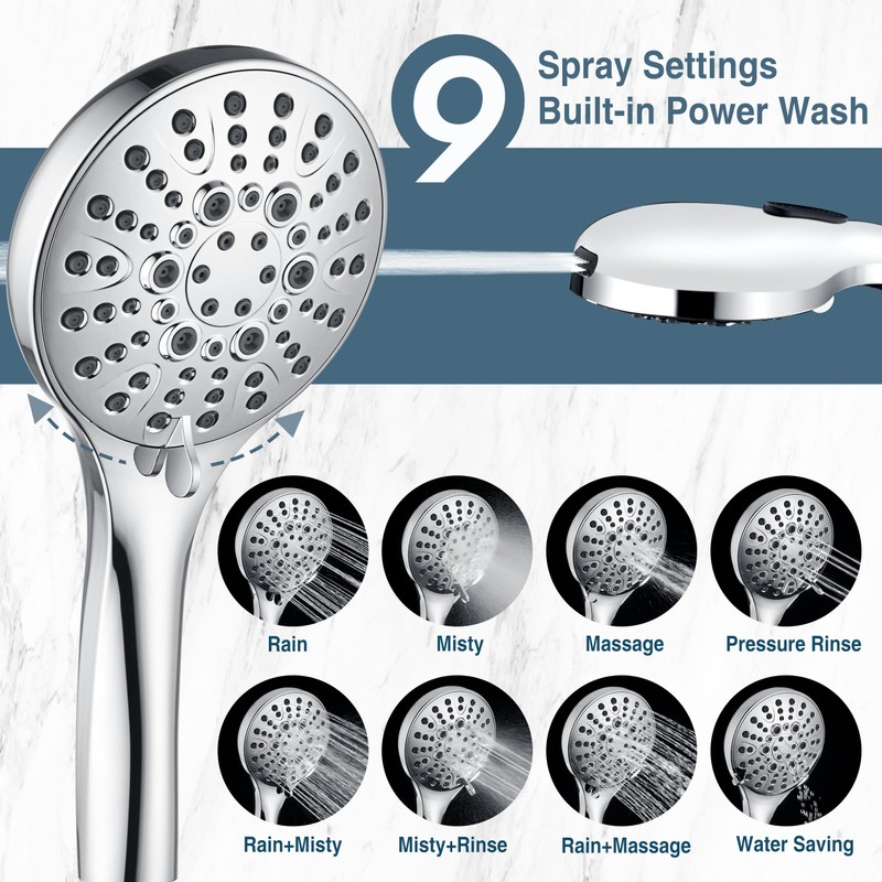 BRIGHT SHOWERS High Pressure Shower Head with Handheld, 9 Spray