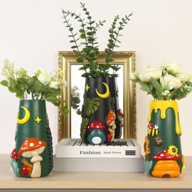 AmiCera Cute Frog Flower Vase, 20 cm Colourful Tall Vases for Home Decor, Unique Boho Decorative Mushroom Vases for Flowers, Modern Rainbow Funky Gardening Gifts, Black