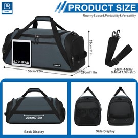 FIORETTO 45L Mens Sports Gym Bag with Wet Pocket & Shoe Compartment, Travel Duffle Bag Overnight Bag with Padded Shoulder Strap, Water-Resistant Holdall for Swimming, Basketball, Football Grey