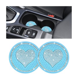 ipelo Heart Bling Car Cup Holder Coaster, 2PCS Universal Crystal Rhinestone Loving Heart Car Coasters, Cute Vehicle Anti-Slip Drink Cup Mat, Auto Interior Accessories Universal for Women Girls (Blue)