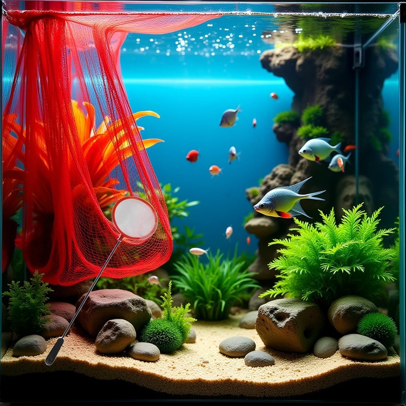 Red Aquarium Fish Net 3 Inches Fine Mesh Skimmer for