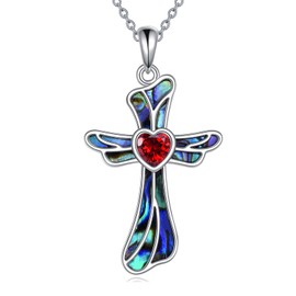 AINFQY Cross Necklace for Women 925 Sterling Silver Red Heart Cross Pendant Abalone Shell Cross Jewelry Gift