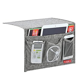 Zafit Linen 4 Pockets Bedside Caddy, Bedside Storage Organizer for Magazine, Remotes, Phone (Classic Grey)