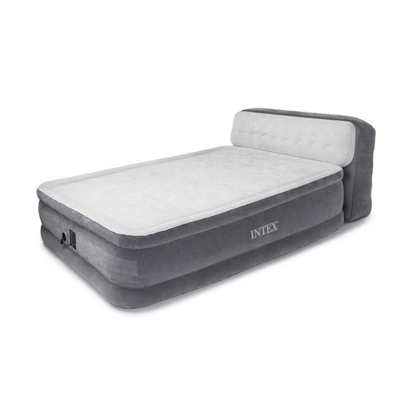 Intex Dura-Beam Ultra Plush Inflatable Pillow Top Bed Air Mattress with Headboard, Built-in Internal Electric Pump and Carry Storage Bag, Queen, Gray