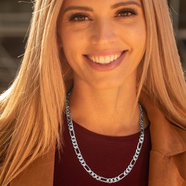 LIFETIME JEWELRY 7mm Figaro Chain Necklace Diamond Cut 24k Real Gold Plated (White Gold, 24 inches)