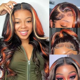 IHEREIN Black Ginger Blonde Highlight Wig Human Hair Lace Front Skunk Stripe Wig Body Wave Ombre Lace Front Wigs Pre Plucked Multi Colored 13x4 hd Frontal Wig for Women 180% Density 18 Inch