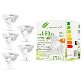 greenandco® CRI 90+ MR16 GU5.3 LED Spot 3W Replaces 30W 270lm 2700K (Warm White) 38° Beam Angle 12V AC/DC Glass Body with Protective Glass, 5-Pack