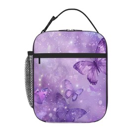 SUPLUCHOM Lunch Bag Butterfly Purple Pastel Insulated Box Reusable with Side Pocket for Girl Boy Women Men Work School Picnic Hiking Daytrip Over 3 Years Old