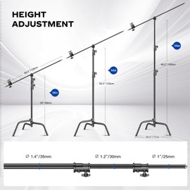 2 Pack Stainless Steel Photography Light Stand 6.9ft/210cm with Holding Arm Sandbag Grip Head Heavy Duty C Stand Sturdy for Photography Studio Video Monolight Softbox Shooting?Black?