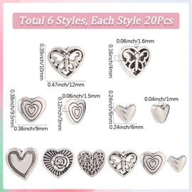 SOFPLATE 1 Box 6 Styles 120Pcs Silver Heart Shaped Beads Metal Heart Spacer Beads Bulk Alloy Hollow Butterfly Floral Vintage Spacers for Jewellery Making Findings Bracelet Earrings DIY Crafts Beginner