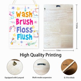 Wash Brush Floss Flush Sign Girl Bathroom Wood Plaques Wall Decor,Cute Unicorn Theme Girls Bathroom Front Door Wooden Hanging Sign for Toilet Washroom Shower Room Wall Decor 12'' L x 8'' W