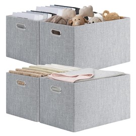 Posprica Closet Organizers and Storage, 4 Pack Large Linen Storage Bins, Decorative Shelf Storage Baskets for Organizing, Foldable Fabric Storage Box for Clothes, Toy, 16.5x12x10.25 Inch(Grey)