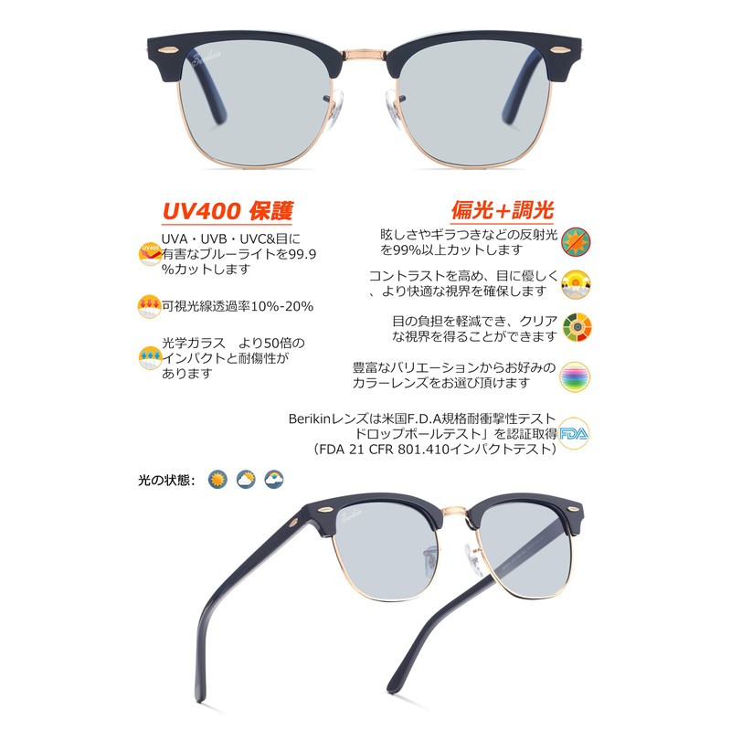 Berikin Sunglasses, Polarized, Glass Lenses, Classic, Half-Frame Type, Unisex, For