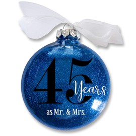 45th Wedding Anniversary Christmas Ornament, 45 Years as Mr & Mrs, Gift for Married Couple, Sapphire Anniversary Keepsake, Traditional Glitter Bauble with White Organza Bow (45th Anniversary)