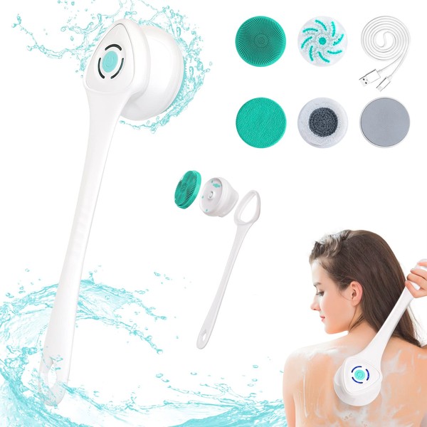 BZlover Electric Body Brush Set for Showering, Rechargeable Shower Brush for Body with Long Handle, Electric Bath Scrub Brush Kit with 5 Spin Brush Heads Waterproof Silicone Facial Brush for Women Men