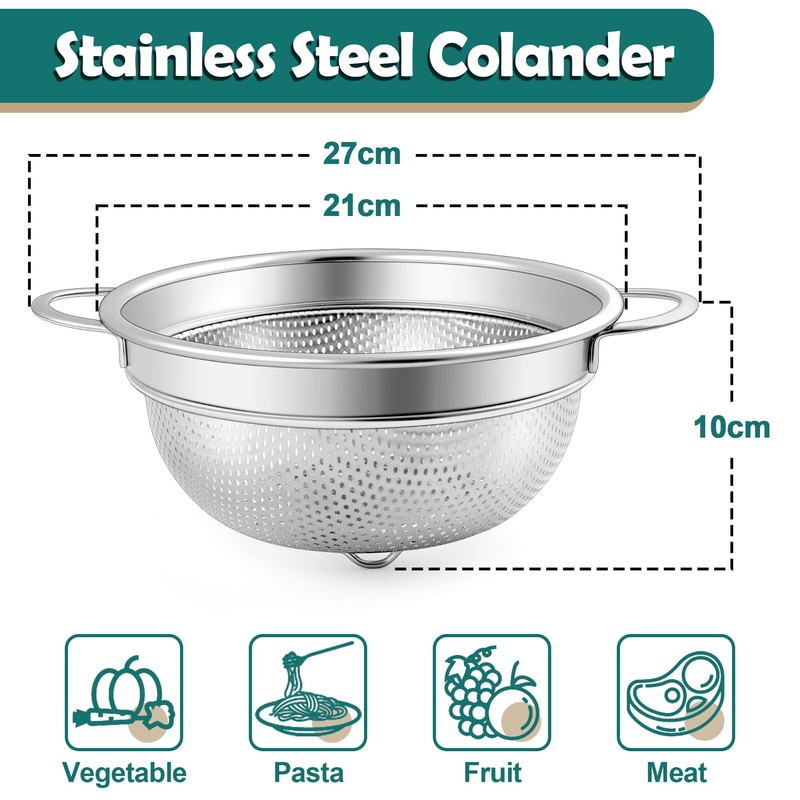 Herogo Stainless Steel Colander 20cm, Micro-Perforated Metal Colanders with Handle,