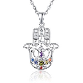 TANGPOET Hamsa Hand Necklace 925 Sterling Silver 7 Chakra Hand of Fatima Necklace Lotus Flower Pendant Jewellery Gifts for Women Ladies Girls