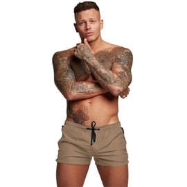 Mens Swim Trunks Quick Dry Swimwear Zipper Pockets, Swim Shorts with Mesh Lining Khaki