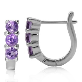 Silvershake 3-Stone 3MM Created Round Shape Gemstone White Gold Plated or Yellow Gold Plated 925 Sterling Silver English Huggie Hoop Earrings Jewelry for Women, White Gold Stone, Amethyst