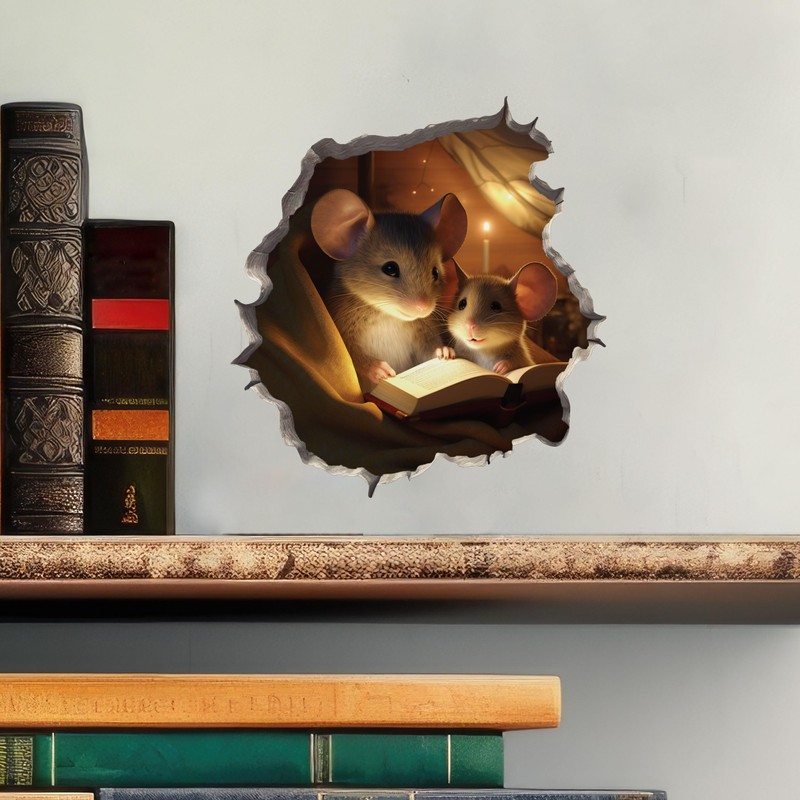 Parent and Child Mice Reading in Mouse Hole Decal -