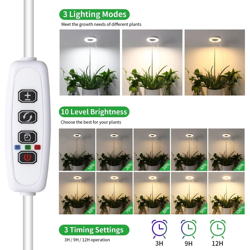 Monehet 2Pcs Plant Grow Light, Full Spectrum, Brightness Adjustable, Auto