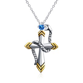 YAFEINI Satanism/Ankh Cross Snake Necklace for Women with Blue Crystal 925 Sterling Silver Gold Plated Pendent Jewllery Gift Chain 18"+2" (Cross Snake Necklace)