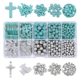 FIRSTMEET Jewelry Making Kit with Turquoise Round Beads and Cross Pendant, Rhodium Plated Spacer and Cross Charms for Necklace Bracelet Earrings Making Bead Supplies for Adults and Kids(DIY-1007)