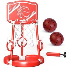 SpringFlower Pool Basketball Hoop with Backboard, Floating Basketball Pool Hoop,Kids & Adults Swimming Pool Game with Ring Toss, 2 Pcs Balls and Pump, Red