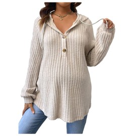 BEAUDRM Women's Maternity Half Button Sweatshirts Long Sleeve Ribbed Knit Drawstring Hoodie Khaki Large