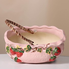 Sizikato Stoneware Porcelain Flowerpot with Handle, 7.3-Inch Succulent Planter, Red Strawberry Embossed