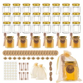SZUAH 30 Pack 3 oz Mini Honey Jars with Dipper, Glass Hexagon Honey Jar for Wedding Favors, Empty Glass Jars for Party Favor
