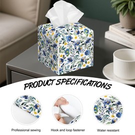 Blue Flower Blooming Tissue Box Cover Square,Tissue Box Holder with Belt Bottom,Stylish Leather Napkin Holder for Vanity Countertop,Nightstands,Office Desk,5.2"×5.2"×5.2"