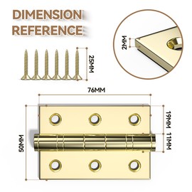 Bwintech 3 Pairs 75 x 50 x 2.0mm(3 inch) Gold Plated Wire Drawing Hinge, Steel Fireproof Inner Door Hinge, Square Corners, Ball Bearing Hinge Used in Residential and Commercial Buildings