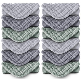 MOON PARK Baby Washcloths, 12 Pack - 12x12 Inches, Small Burp Cloths and Baby Wipes - 100% Cotton Muslin Ultra Soft for Newborn, Infant and Toddlers - Grey, Green and Slate