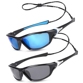 Utensilsto 2 Pairs of Sunglasses Men's Polarised Sports Sunglasses Bicycle Sports Glasses with Strap UV 400 Sunglasses for Men Women for Cycling Driving Ski Golf Fishing Driving Hiking, Black, blue