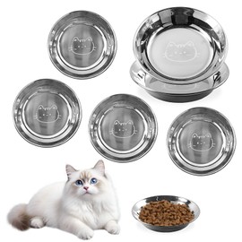 6 Pack Stainless Steel Cat Bowls, Shallow Wide Flat Cats Food Bowls, Whisker Friendly Shallow Cat Dishes, 6.4 Inches Anti Whisker Fatigue Cats Bowl Set for Food and Water