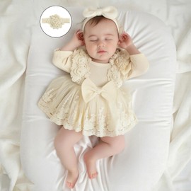 M9ppzzur7 Baby Girl Clothes Infant Tulle Romper Lace Flower Mesh Long Sleeve One Piece Romper Dress and Headband 2 Pcs Set (Khaki, 0-3 Months)
