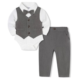 Juivesia Baby Boy Clothes Suits Infant Gentleman Wedding Outfit Formal Dress Shirt Vest Bowtie Pants 4Pcs Baby Suit Sets (Gray, 0-3 Months)