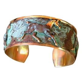 Elaine Coyne Collectible Artwear Verdigris Patina Contemporary Running Horse Cuff Bracelet - USA Made