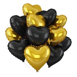 VGRDTW Heart Balloons, 12Pcs Black & Gold Heart Shaped Foil Balloons, 18Inch Aluminium Film with Ribbons for Wedding Birthday School Family Party Decorations (Kids, Party Organizer)