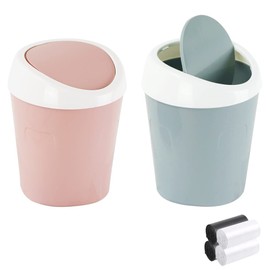 QLFJ-FurDec Pack of 2 Mini Rubbish Bins, Table Rubbish Bin with Swing Lid with 4 Rolls of Rubbish Bags, Compact Design, Mini Cosmetic Bin, 10 x 12 x 17 cm, Table Waste Bin for the Washbasin (Blue, Pink)