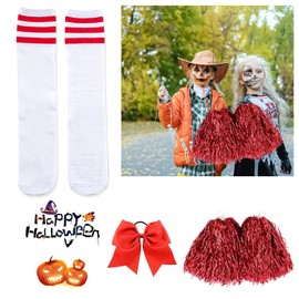 Lezevn 4pcs Cheerleader Costume Set Cheerleading Poms Hair Rope Socks for Dance, Sports Events, Party Decorations, School Spirit, Team Performances Costume Accessories