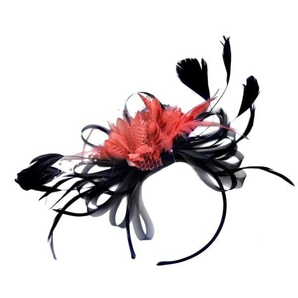 Black and Coral Fascinator on Headband Alice Band Wedding Ascot Races Derby
