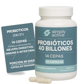 SIMPLY ACTIVE Probioticos 40 Billones CFU  Probiticos 14 Cepas - Mejor Sistema Immune, Digestivo e Intestinal  Porcin 30 das - Uso Diario  con Fibras 