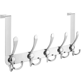TICONN Over The Door Hooks, 5 Heavy Duty Tri Coat Rack All Metal Coat Hanger for Bathroom Bedroom Dorm (Chrome, 1PK, Fit 1-3/4" Doors)