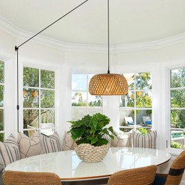 HuisMier Dimmable Plug in Pendant Light Rattan Hanging Lights with 15 Ft Plug in Cord, Handmade Bamboo Lampshade Boho Hanging Light Fixture for Kitchen Island Dining Room Bedroom