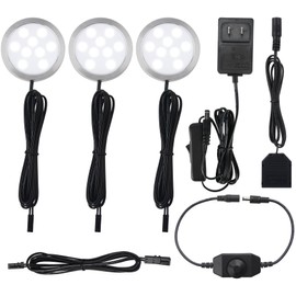 Meigour Powered Cabinet LED Puck Lights for Under or Above Kitchen Counter Lighting, Adjustable Brightness, Plug-in Wall Plug, Black Cord, 3 Lights, Cool White